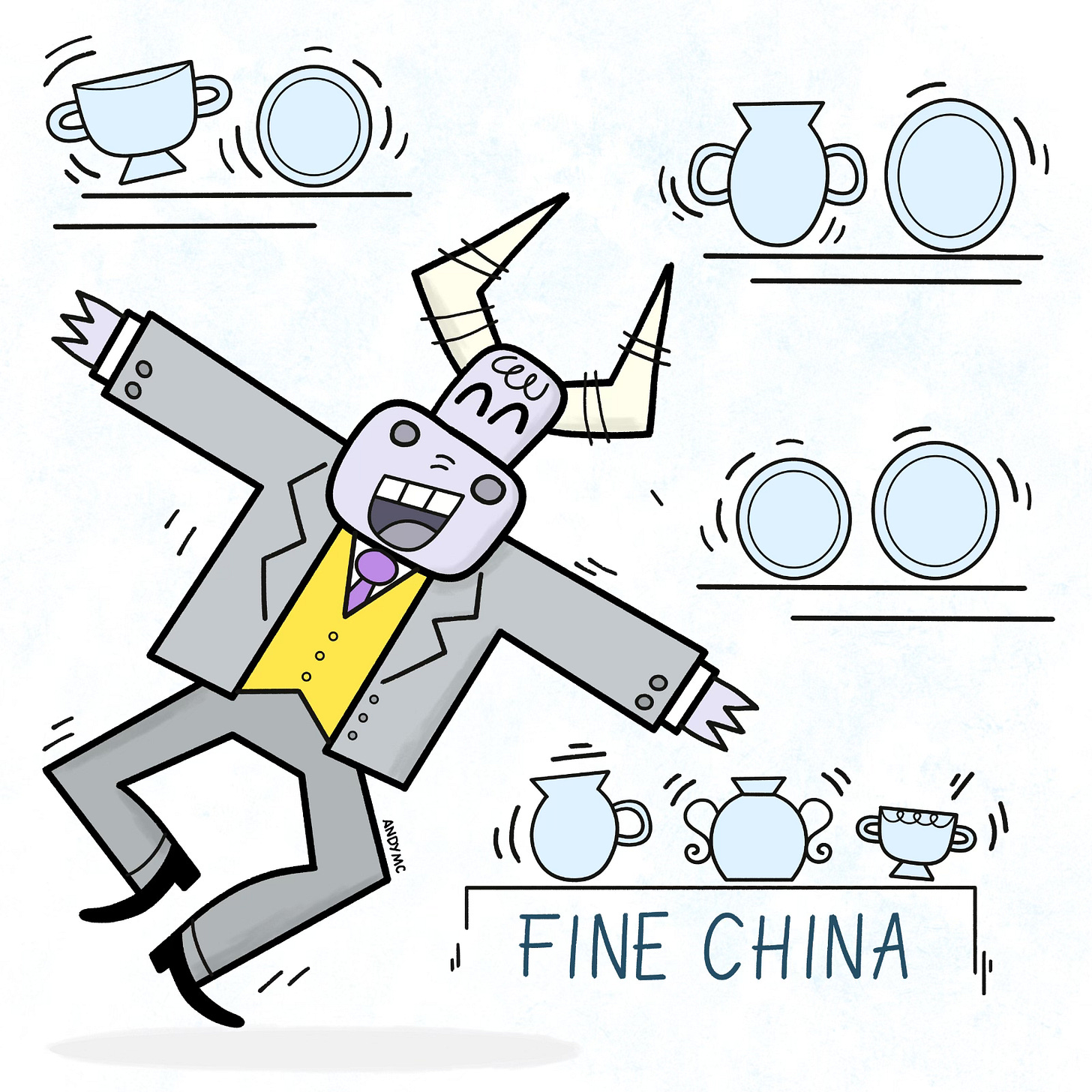 an illustration of a joyful bull dancing in a china shop