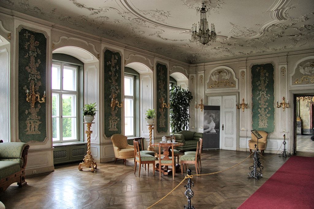 baroque decor with decorative plaster ceilings and large windows