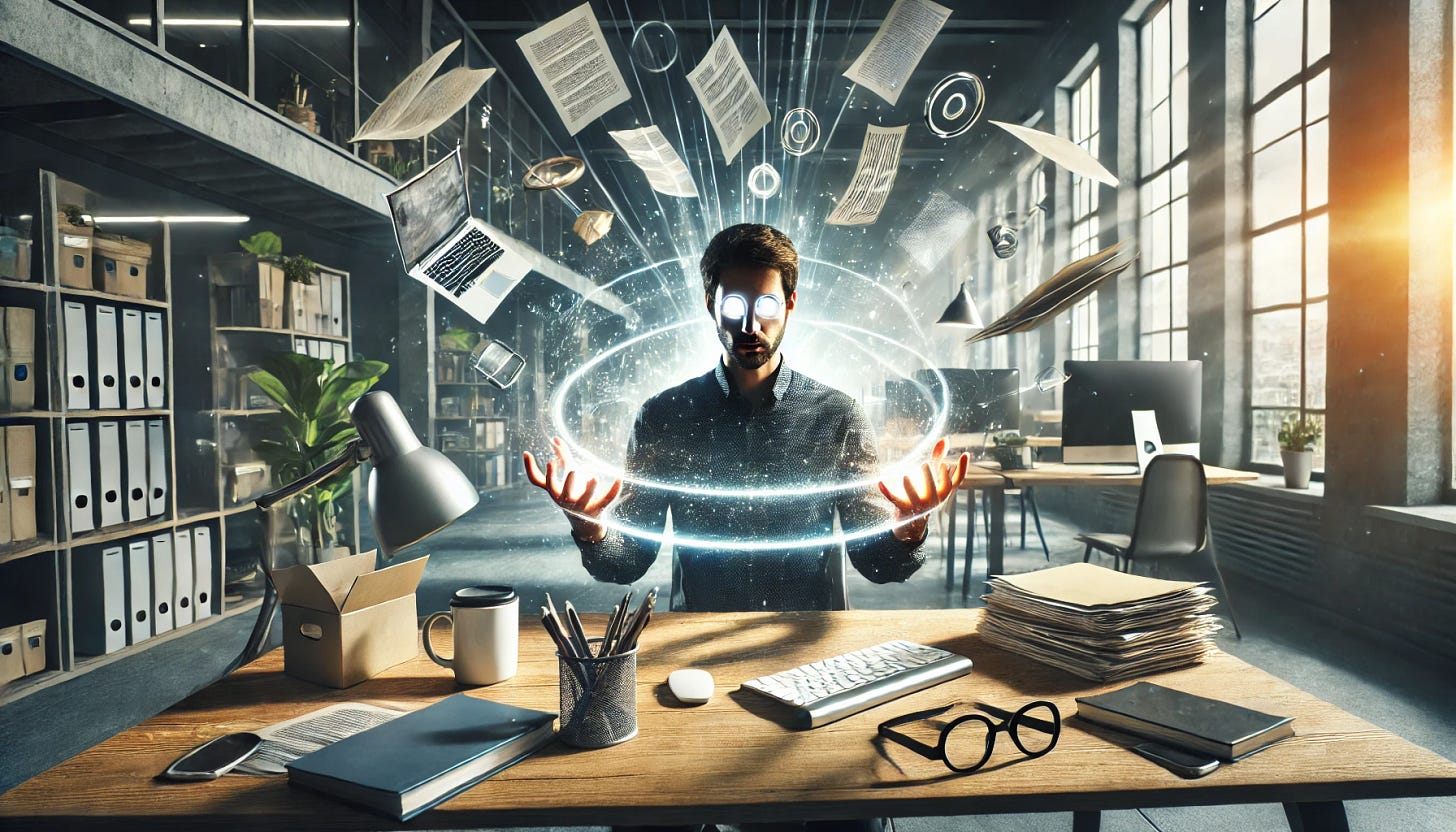 A realistic wide-angle image of a person in a modern office setting, using superpowers. The person is at a desk, surrounded by papers, a computer, and office supplies, with a glowing aura around their hands and eyes. Objects like coffee mugs, pens, and files float mid-air due to telekinesis. The background shows a modern office space with bookshelves, potted plants, and large windows letting in daylight, blending a realistic office look with subtle but powerful supernatural elements.