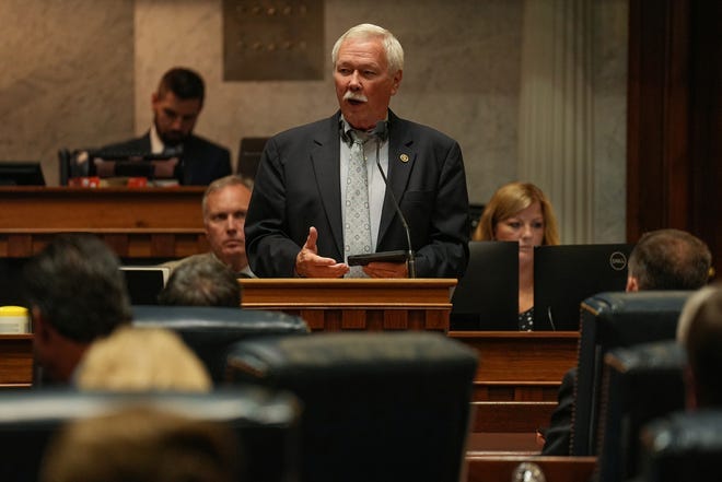Sen. Jack Sandlin speaks during a special session Friday, July 29, 2022, at the Indiana Statehouse in Indianapolis. Members of the Senate looked at amendments on Senate Bill 3 and voted to pass Senate Bill 2, which passed.