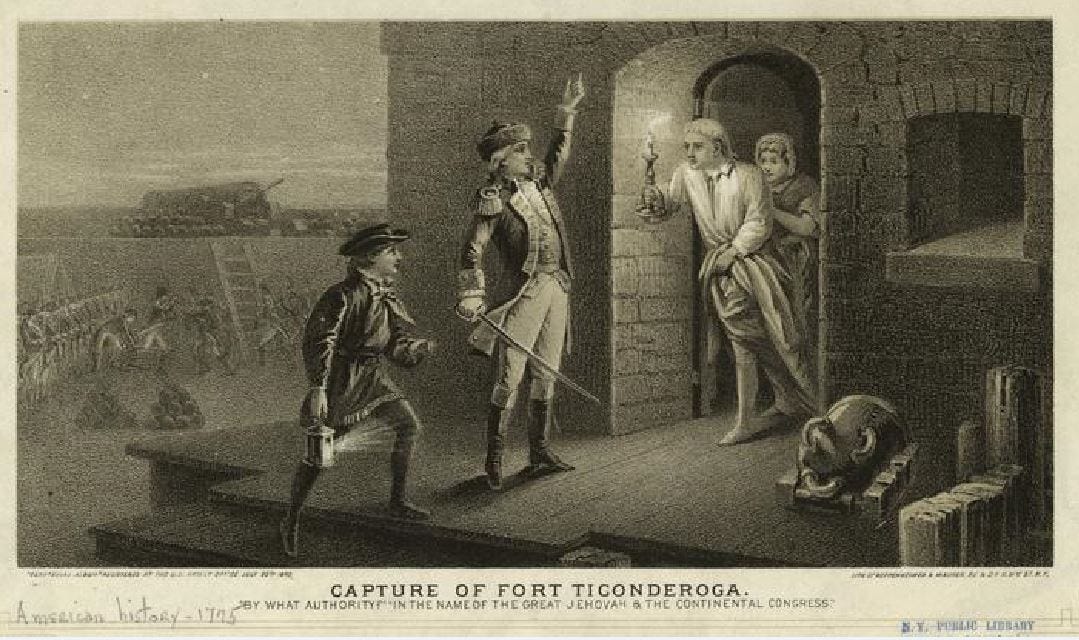 "Capture of Fort Ticonderoga." Engraved by Thomas Phillibrown from a painting by Alonzo Chappel.