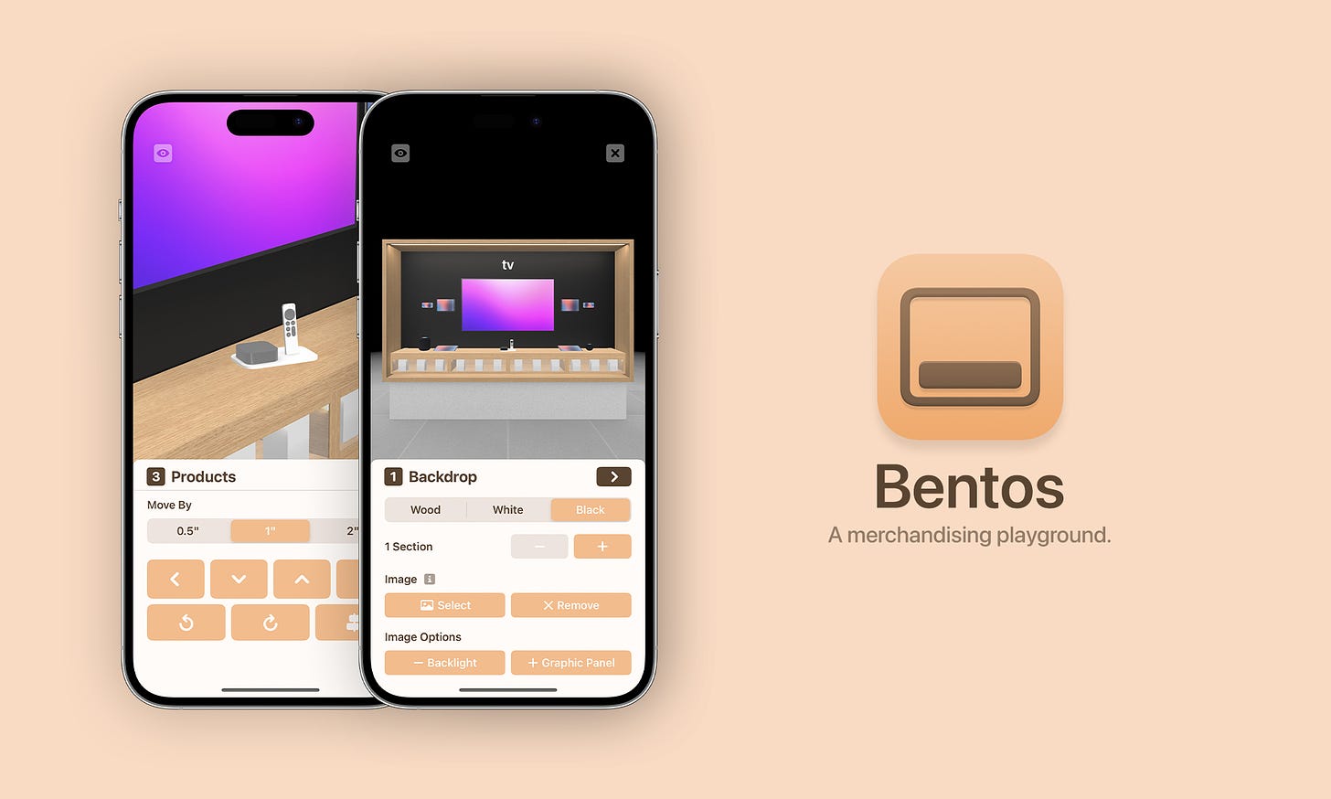 Two iPhones running Bentos demonstrate the interface and bay builder tools. The Bentos app icon is on the right side of the image.