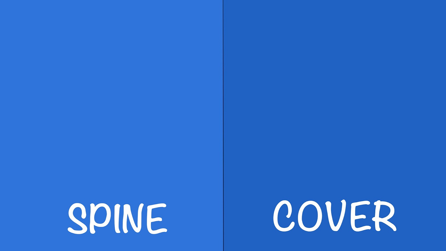 Two blue blocks that are slightly different shades. One block is labeled with "SPINE." The other is labeled with "COVER."