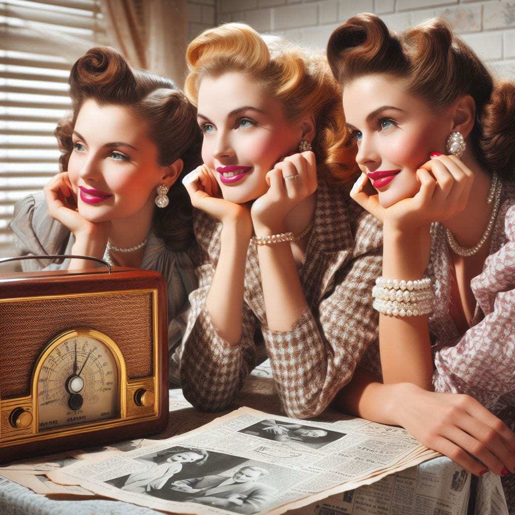 mulheres lindas escutando radionovelas nos anos de 1940