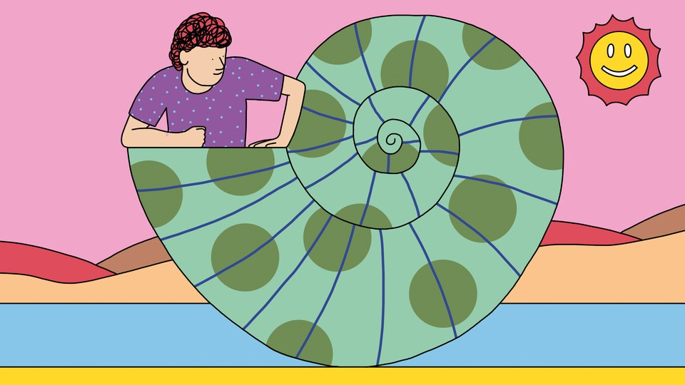 Illustration of a person emerging from a giant snail shell