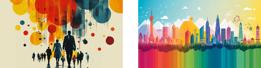 Two abstract illustrations: the left shows silhouetted figures walking beneath large, colorful circles, creating a dynamic and artistic cityscape. The right features a vibrant, stylized skyline with skyscrapers, towers, and mountains, blending bright colors into a rainbow gradient, conveying a modern and imaginative urban landscape.