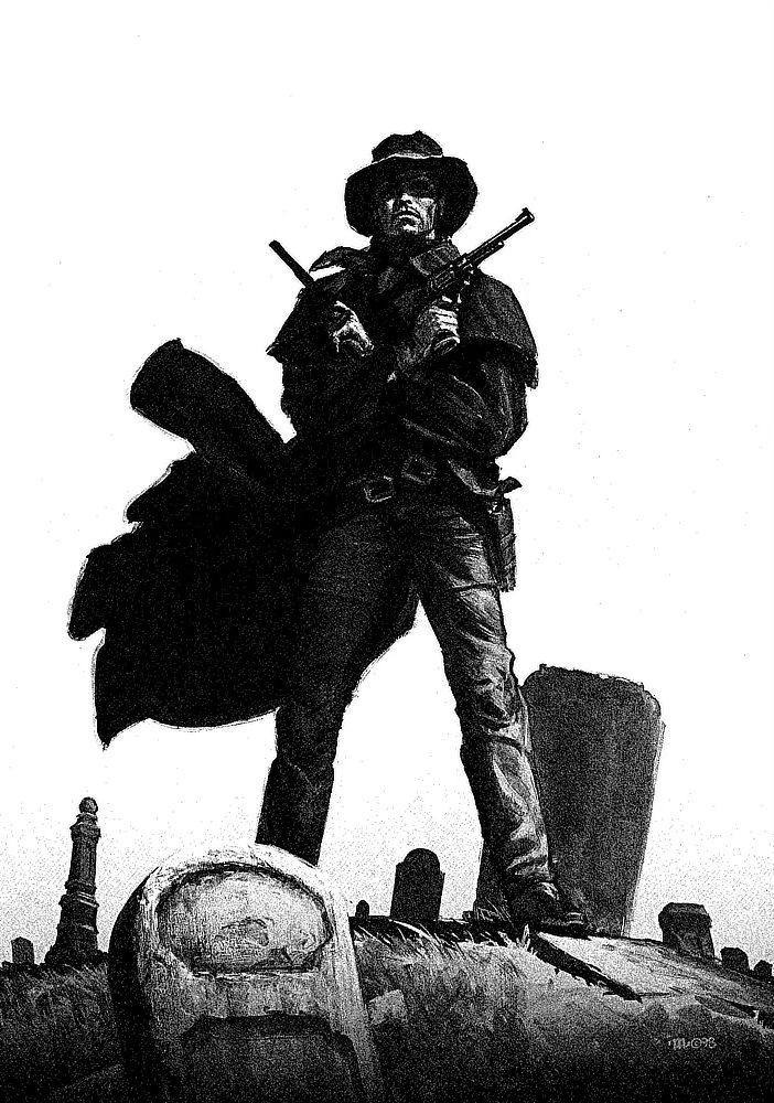 An identical pen and ink version of Roland standing among gravestones with arms crossing his chest as he grips his big sandalwood revolvers. A gust of wind sweeps the tail of his jacket aside to reveal gun belts crossing at his waist.