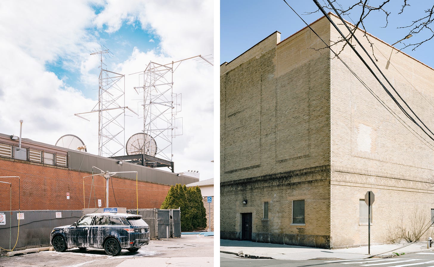 Car covered in soap, with satellite dishes in background on left and corner of 3 story windowless building on right