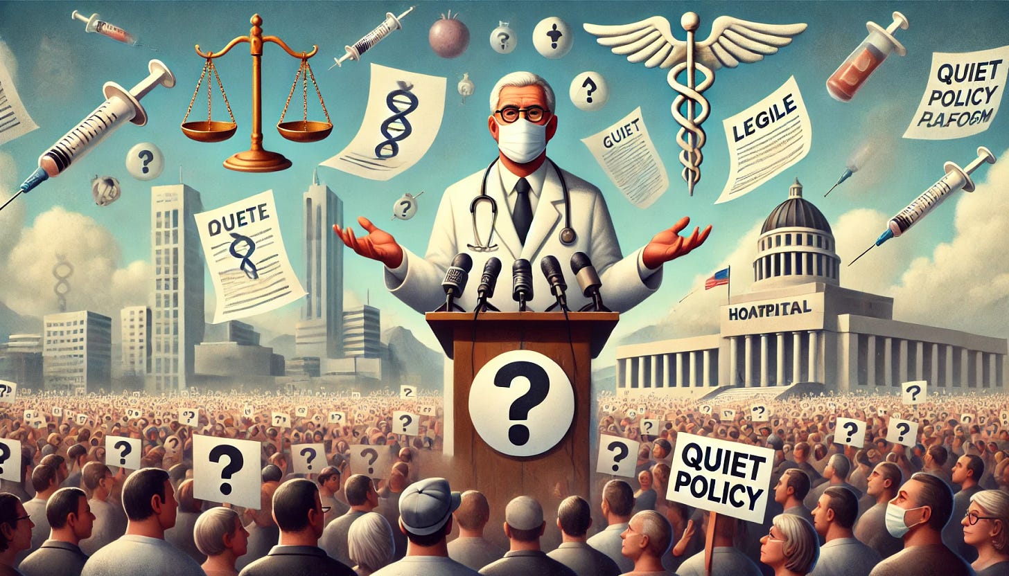 A scene depicting Dr. Kory, a middle-aged man with glasses and a white lab coat, standing on a platform, addressing a crowd. Behind him, floating papers with legal symbols like scales of justice and gavels represent quiet policy shifts. In the background, elements like a hospital building, stethoscope, and syringes symbolize the healthcare industry. The crowd shows rising skepticism, with people holding signs featuring question marks and magnifying glasses. Subtle government buildings in the distance represent slow adjustments in policies, while the atmosphere hints at a broader awakening regarding the risks of the mRNA vaccine platform.