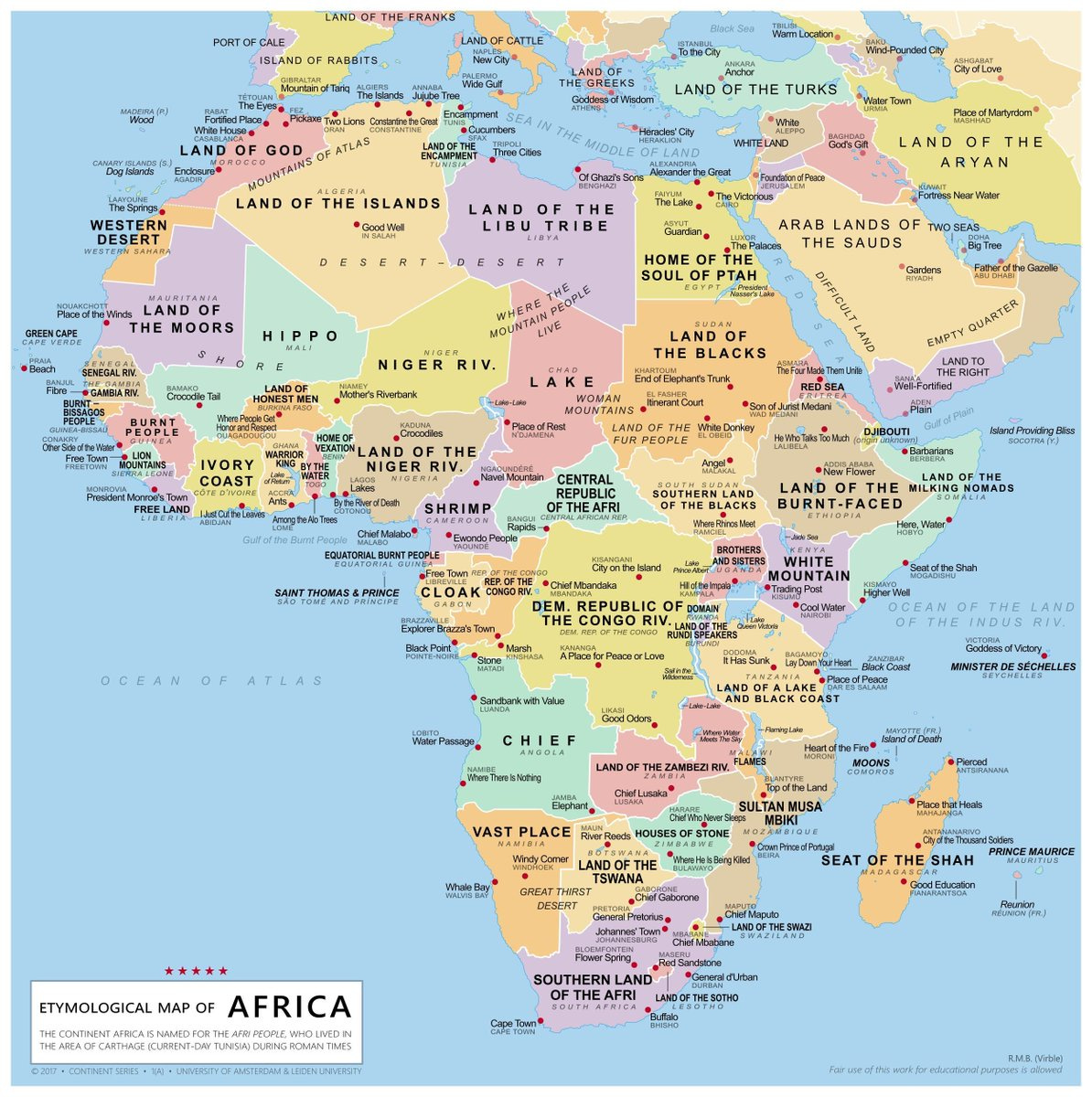 A map showing the literal meanings of the names of African countries