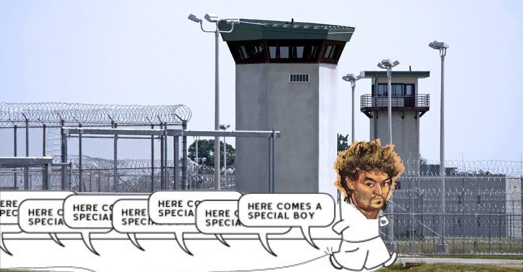 An absolutely incredible photo collage of the type that you only get when I neglect to ask either of my skilled graphics interns for help and instead make a graphic myself using only Preview, of Phillippe from Achewood walking along with his shoes saying “Here comes a special boy” but his face is a courtroom sketch of SBF and he’s (supposed to be) walking into a prison. An absolutely incredible photo collage of the type that you only get when I neglect to ask either of my skilled graphics interns for help and instead make a graphic myself using only Preview, of Phillippe from Achewood walking along with his shoes saying “Here comes a special boy” but his face is a courtroom sketch of SBF and he’s (supposed to be) walking into a prison.