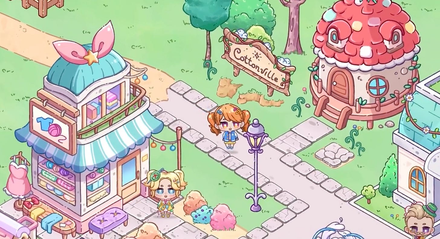 A screenshot from Cottonville which shows a colourful town and its starry eyed residents.