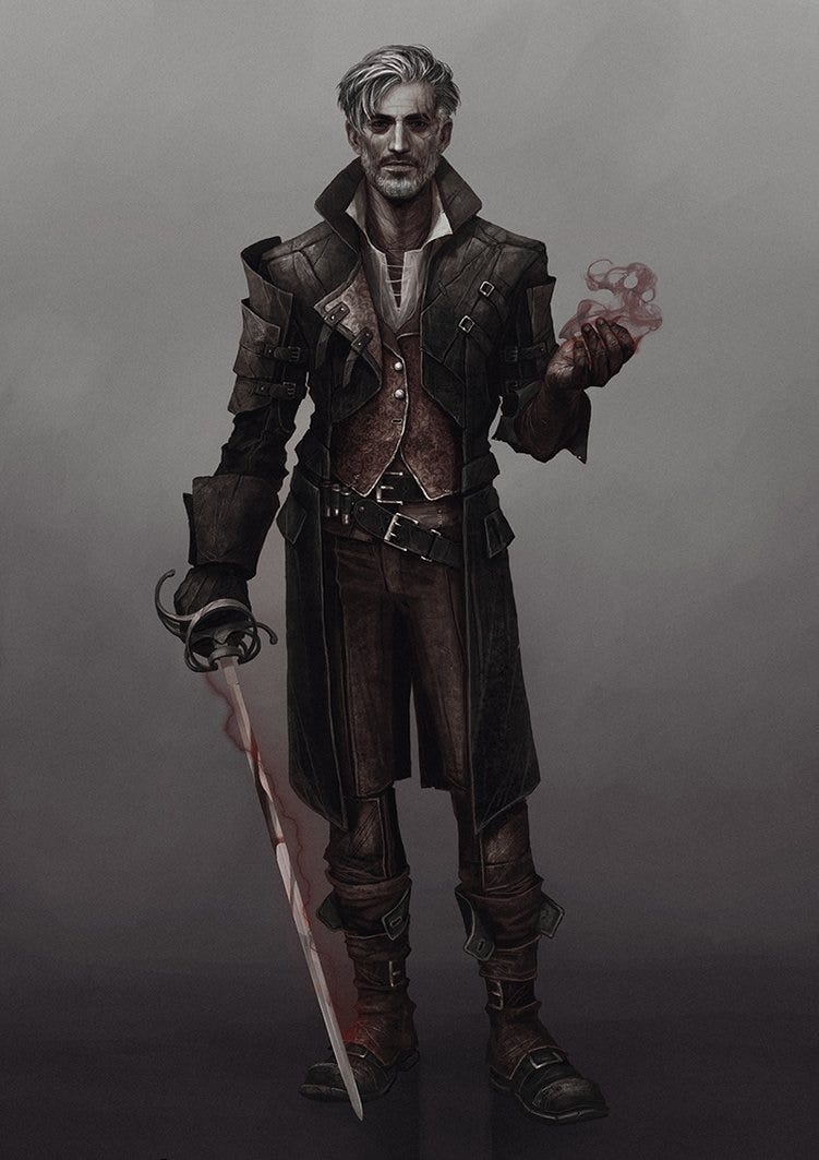 character sketch of a middle-age man with short grey hair that falls over his right eye and a scar over his left. He wears a leather justacorps and leather trousers, as well as a faded burgundy damask waistcoat. He carries in his right hand a fencing foil and in his left hand some kind of bauble.