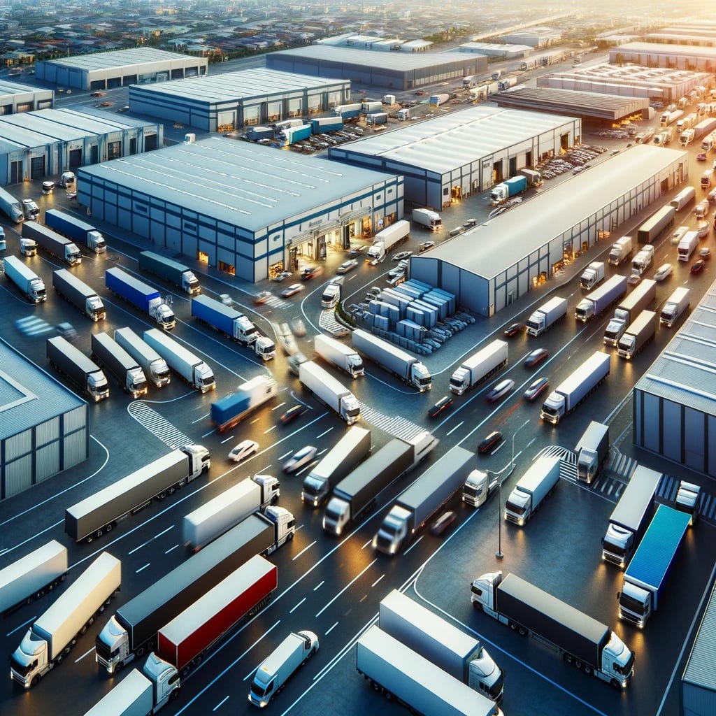 An aerial view of an industrial real estate area, featuring numerous trucks driving in and out. The scene includes large warehouses, distribution centers, and a network of roads bustling with truck traffic. The trucks vary in color and size, emphasizing the busy and dynamic nature of the industrial area. The overall atmosphere is bustling, with a focus on the logistics and transportation aspect of the industrial zone.