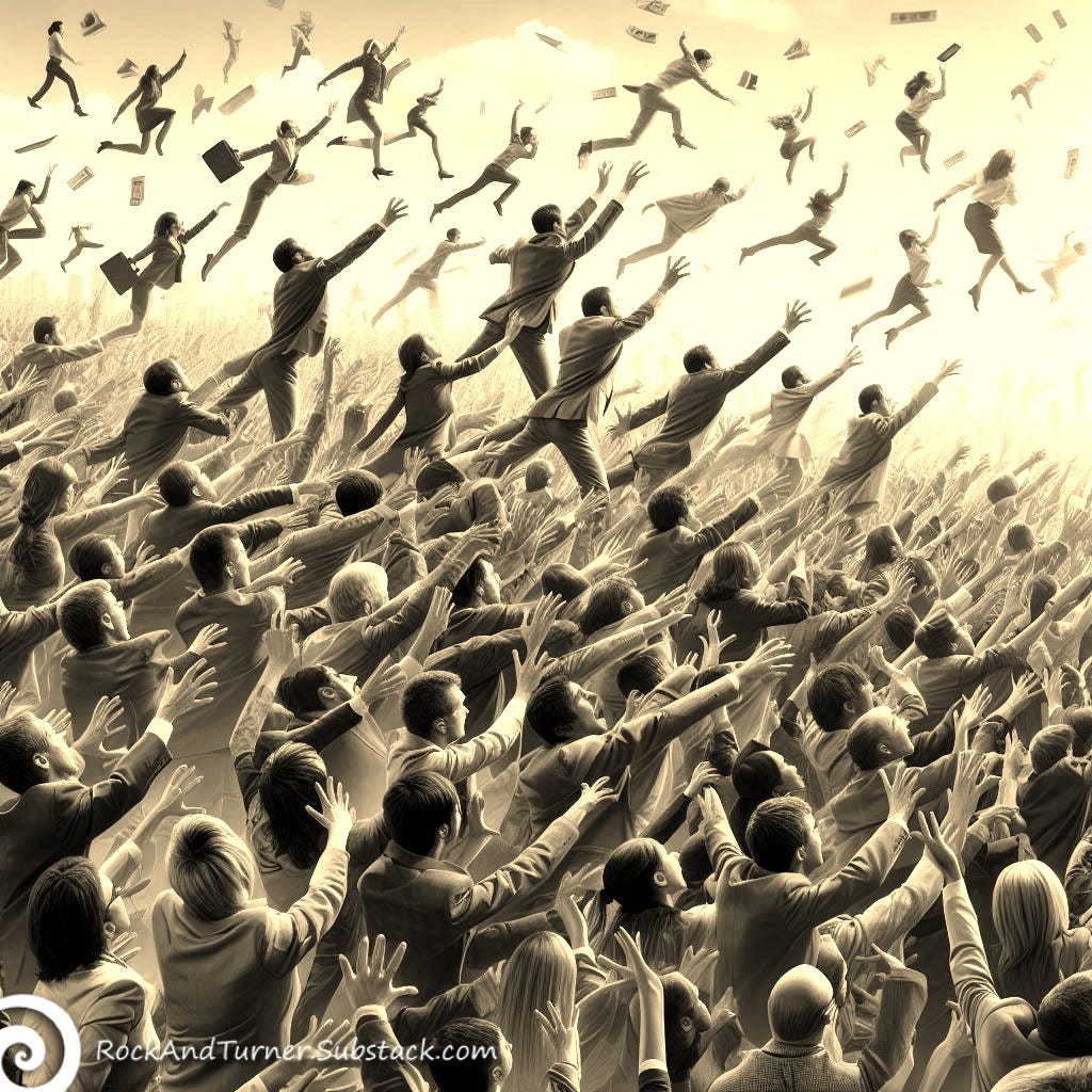 lots of people with their arms in the air trying to reach things that are just out of reach