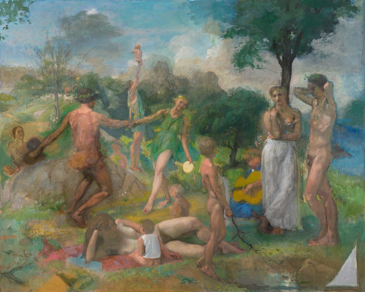 An idyllic landscape of figures in various states of dress and nudity and pleasure. A woman lies on her side nude with a seated child in the foreground. A young boy stands nude with a cloth draped against his chest, stick in hand to a small pond with a sailboat. Someone is seated with a guitar, others dance or stand conversing. A man holds a child seated in his hand up to a blue sky. There is the suggestion of a couple making love behind a rock. An idyllic landscape of figures in various states of dress and nudity and pleasure. A woman lies on her side nude with a seated child in the foreground. A young boy stands nude with a cloth draped against his chest, stick in hand to a small pond with a sailboat. Someone is seated with a guitar, others dance or stand conversing. A man holds a child seated in his hand up to a blue sky. There is the suggestion of a couple making love behind a rock.