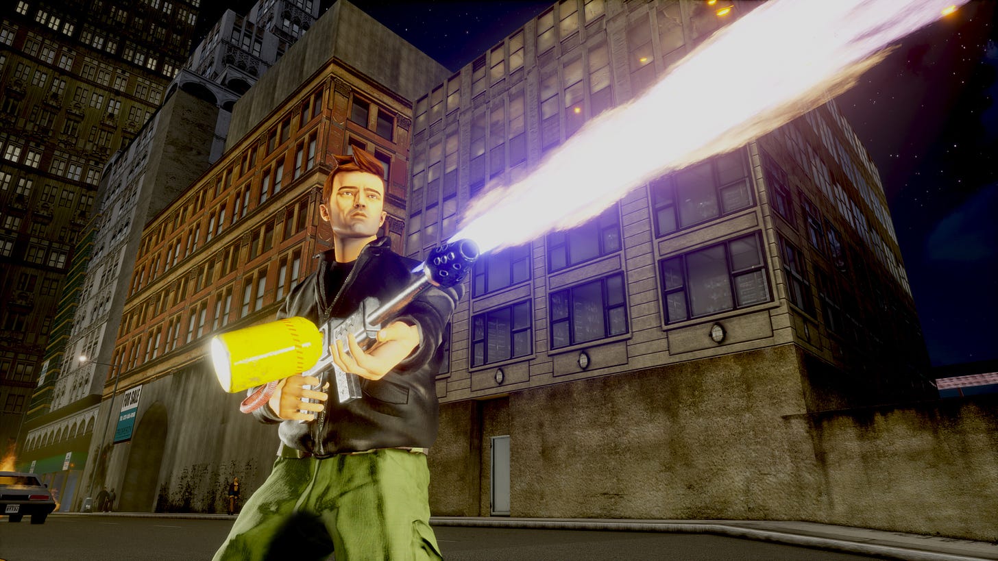 Video game screenshot of a man standing on a city street, holding a flamethrower