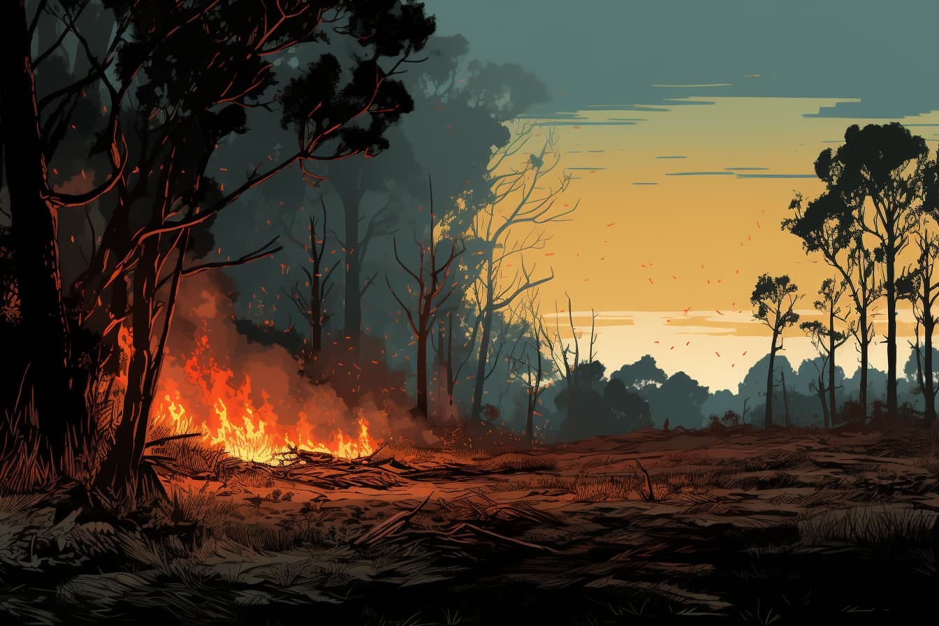 graphic novel illustration of a partially burning forest