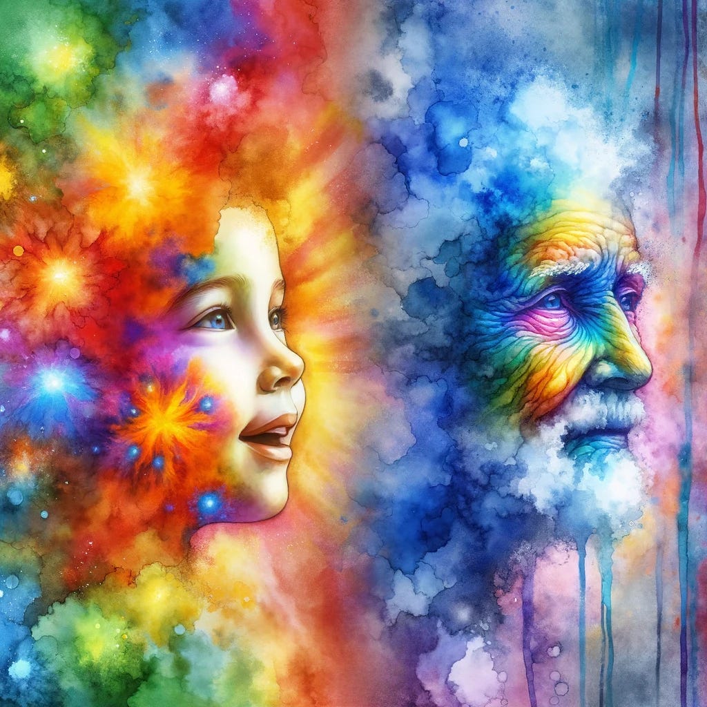 Watercolor painting of a radiant child on the left, filled with vibrant hues. As the image progresses towards the right, the child's features transition into a melancholic older version, with colors gradually fading to muted and desaturated tones, symbolizing the passage of time and the impact of pollution.