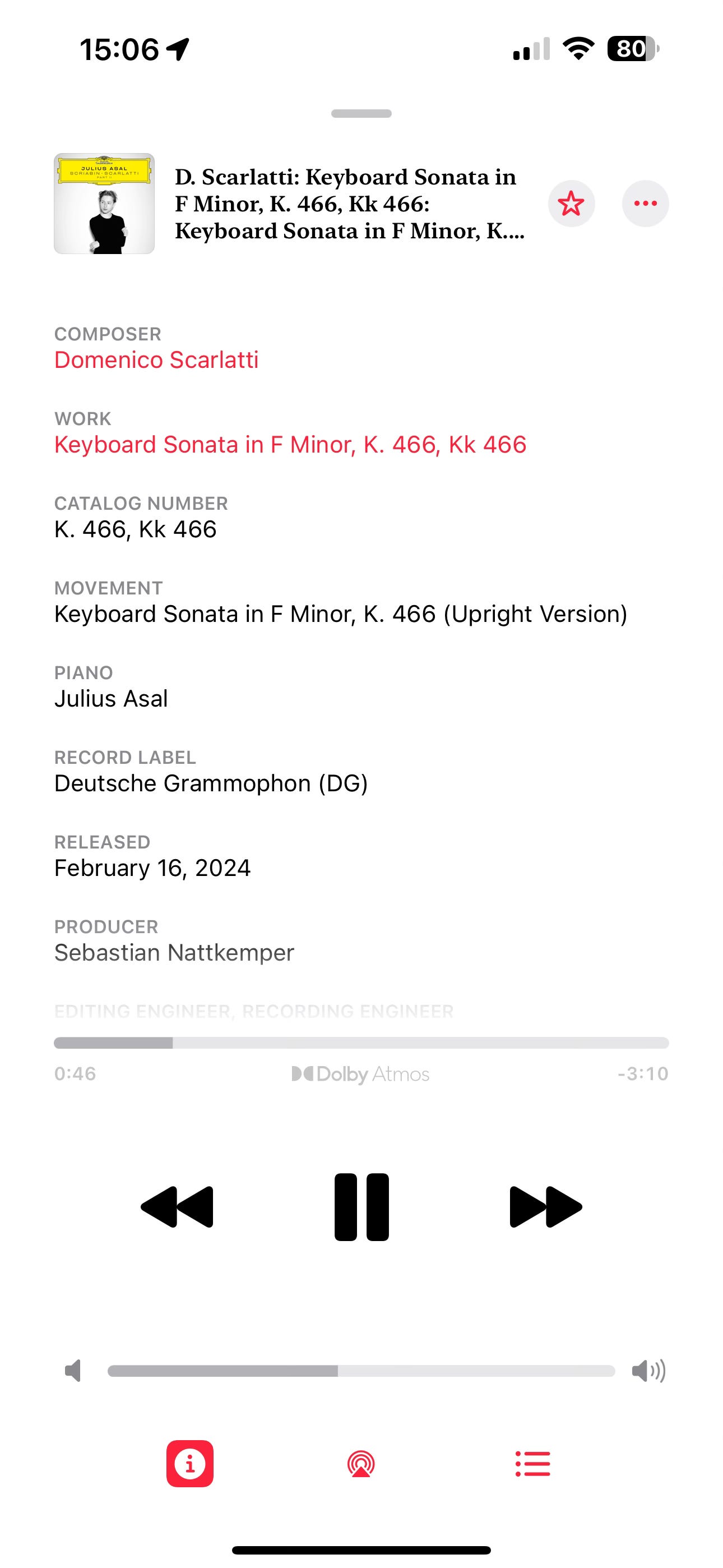 An example of how Apple Music Classical displays information for tracks. (iPhone version, Light Mode)