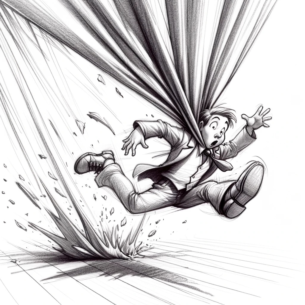 Sketch of a playful scene with a person humorously trying to dodge a falling stage curtain. The person is depicted in a comical, exaggerated pose, with a surprised yet amusing expression, conveying a sense of fun. The curtain is captured in the midst of falling, adding to the playful drama. Use subtle coloring to enhance the sketch, with light shades for the curtain and the person's clothing. The background is plain white, focusing on the lighthearted interaction between the person and the falling curtain. The style of the sketch is whimsical and exaggerated, using delicate strokes to emphasize the playful tone of the scene.