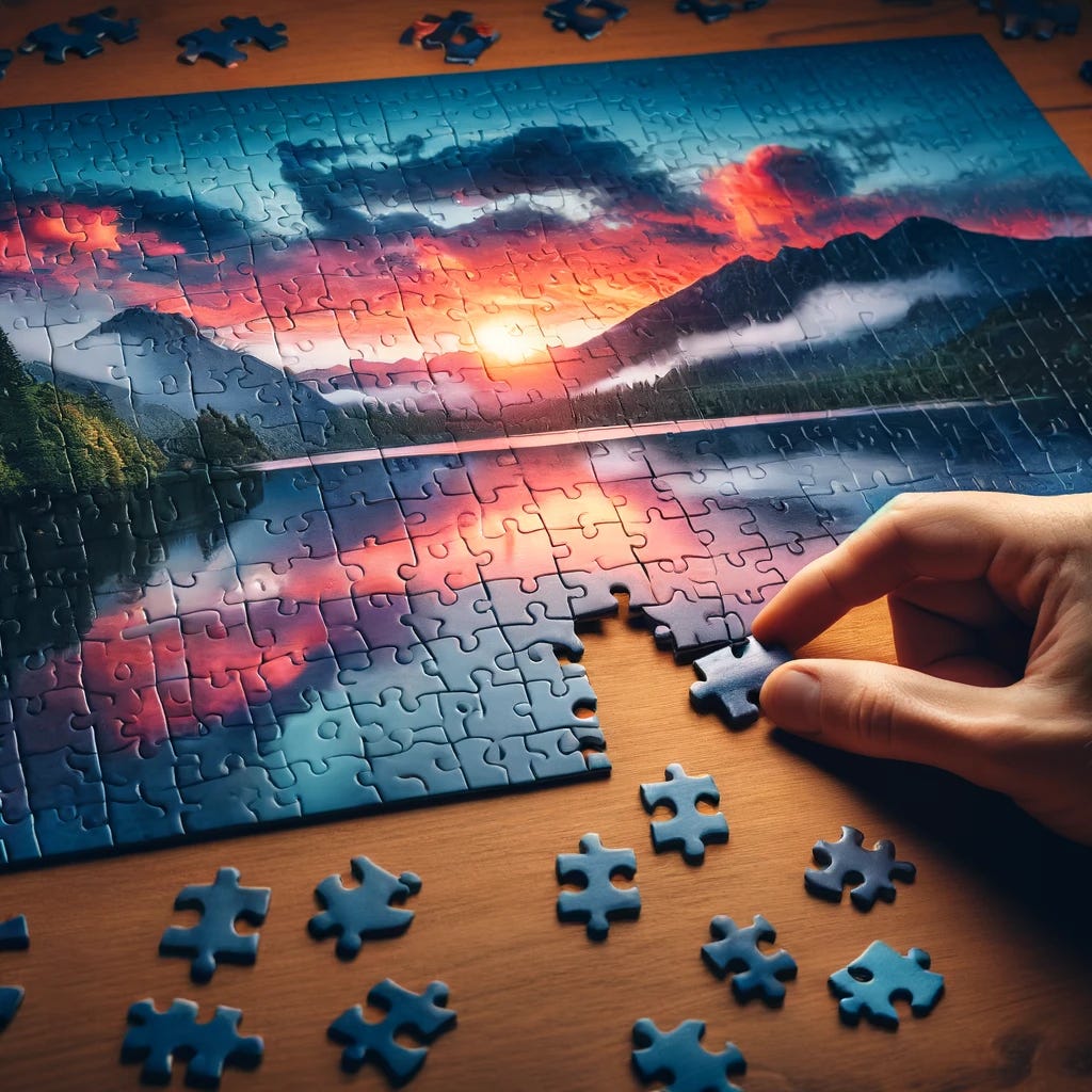 A photograph depicting a perfectly fitting puzzle piece. The scene shows a large, nearly completed jigsaw puzzle on a wooden table. The central focus is on a person's hand placing the last puzzle piece into the exact spot it fits, completing the scenic landscape depicted on the puzzle. The puzzle image shows a colorful sunset over a peaceful lake. This visual metaphor illustrates the concept of a good fit, with the final piece seamlessly integrating into the whole. Taken on: digital photography, macro lens, focused lighting.