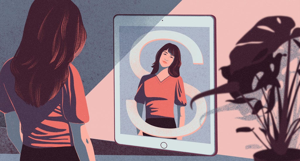 Illustration of a woman looking into a mirror that looks like an oversized iPad. Her reflection is woven into a large letter 'S'