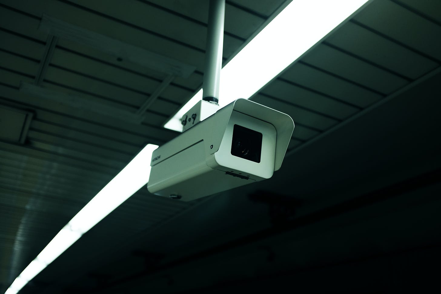 Surveillance camera hanging from ceiling