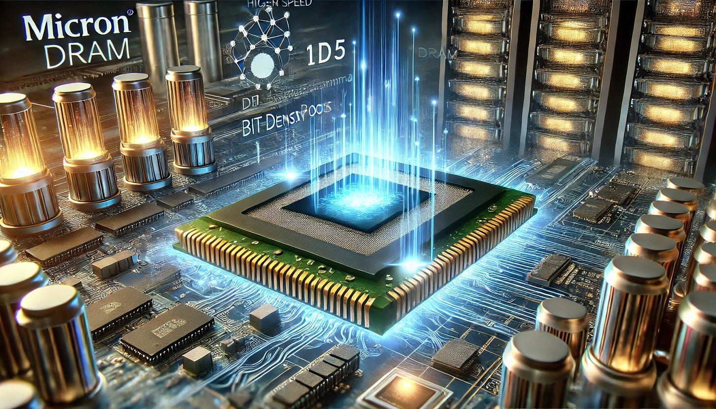 A 16:9 futuristic illustration showcasing Micron’s groundbreaking 1γ (1-gamma) DRAM technology. The scene features a glowing Micron-branded memory chip at the center, emitting blue and gold energy waves symbolizing higher speed, efficiency, and bit density. Holographic overlays highlight key advancements such as DDR5 performance boosts and AI-driven applications. In the background, interconnected AI servers, cloud computing infrastructure, and next-gen smartphones demonstrate the versatility of this new DRAM node. The atmosphere conveys innovation, next-generation memory technology, and Micron’s industry leadership.