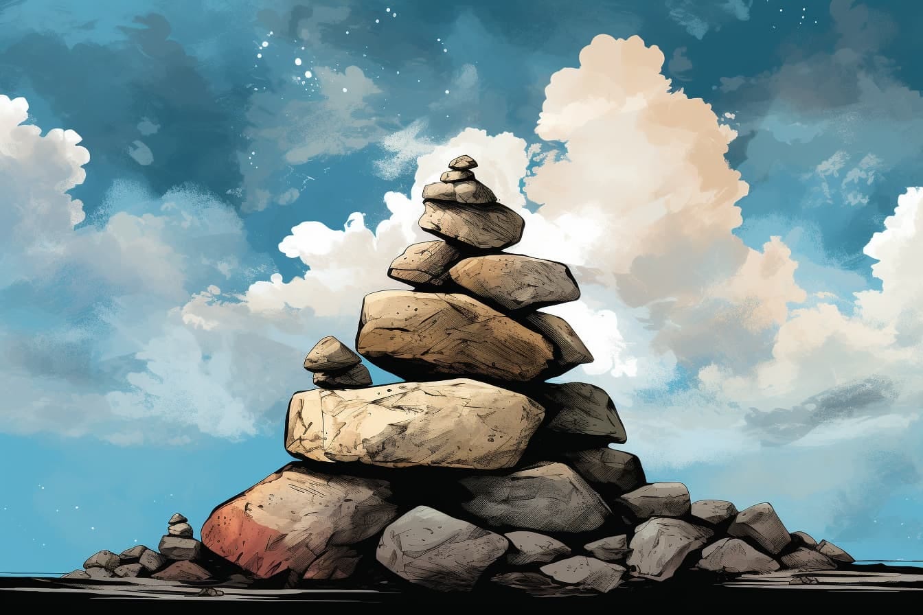 graphic novel illustration of an unsteady pile of rocks against a cloudy sky