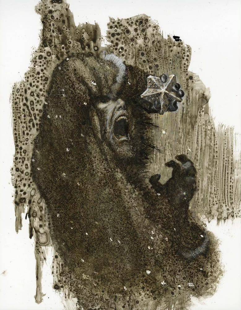 Preliminary art for AT THE MOUNTAINS OF MADNESS. An arctic explorer covers his eyes with his arm as he grips a 5-pointed star. The fingers of his free hands are tensed and he appears to be in agony. Behind the figure is a splash of paint mottled with spots.