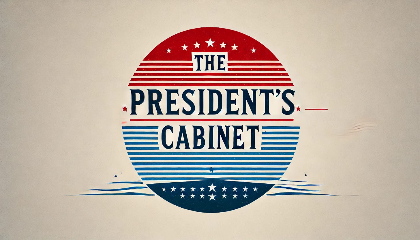 Create a simple, minimalist landscape graphic for the title 'THE PRESIDENT'S CABINET' in red, white, and blue. Use bold, clean typography to emphasize the title and add subtle patriotic elements, like faint stars or stripes in the background. Keep the design uncluttered and professional, reflecting the formality of the President’s Cabinet, suitable for a headline or official announcement.