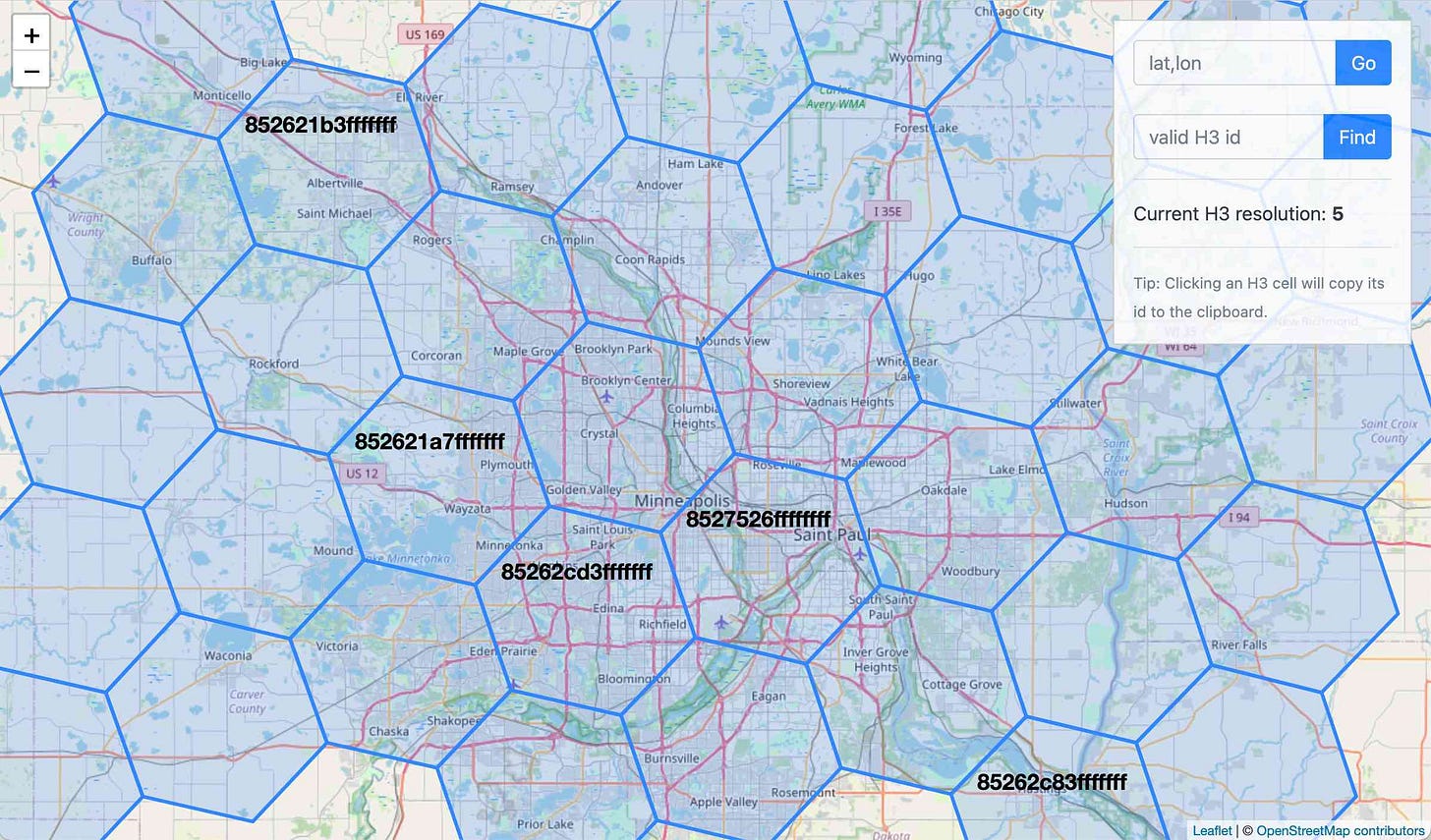 Map showing H3 geospatial index hexagons overlaid on the Minneapolis-Saint Paul metropolitan area. Various H3 cell IDs are displayed including "852621b3fffffff", "852621a7fffffff", "8527526fffffff", "85262cd3fffffff", and "85262c83fffffff". A sidebar shows input fields for "lat,lon" with a "Go" button and "valid H3 id" with a "Find" button. Text indicates "Current H3 resolution: 5" and "Tip: Clicking an H3 cell will copy its id to the clipboard." Map attribution shows "Leaflet | © OpenStreetMap contributors".