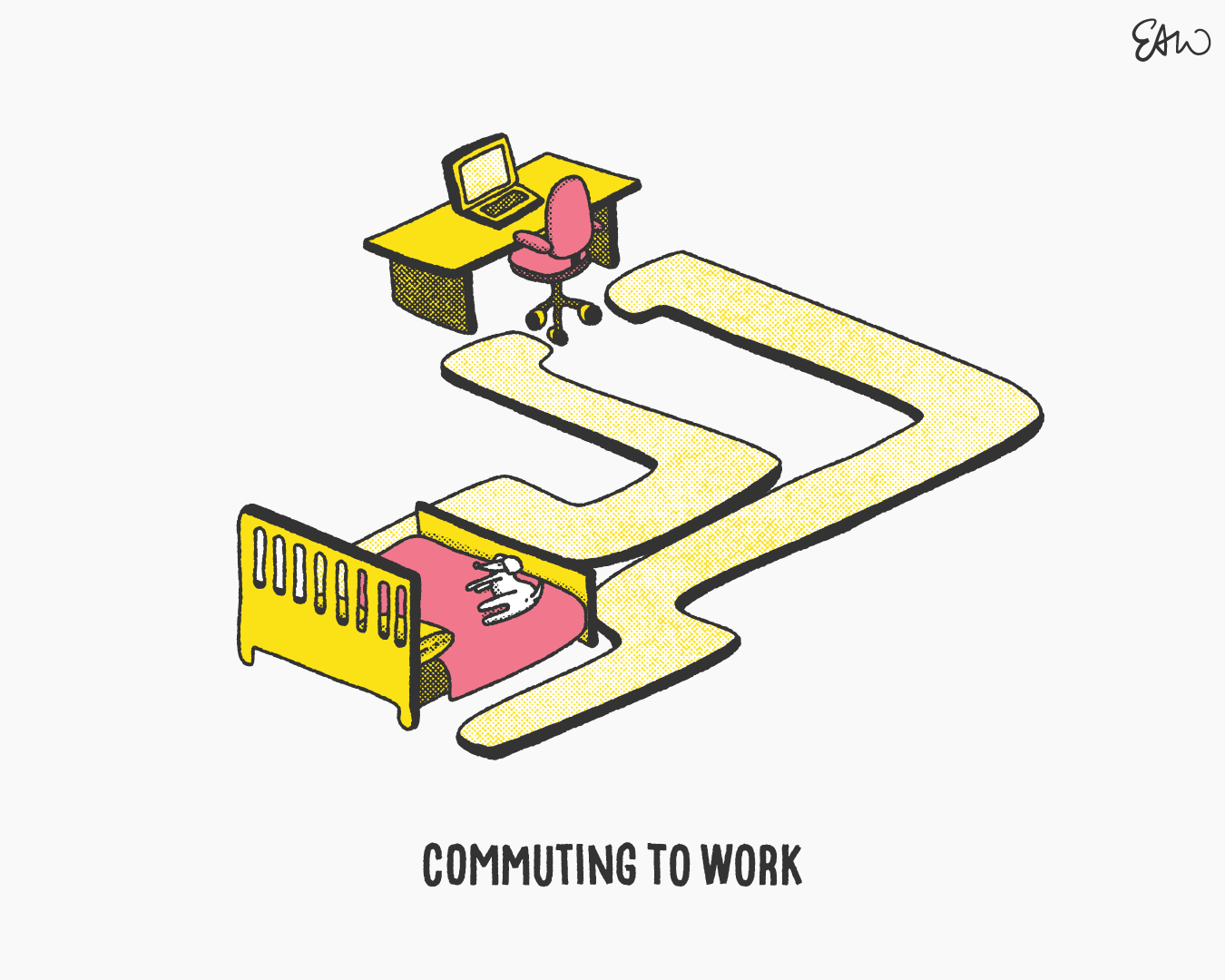 Illustration showing a path from a bed to a desk with the caption Commuting to Work.