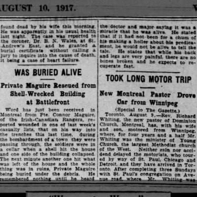 "Was Buried Alive" Montreal Gazette August 10 1917