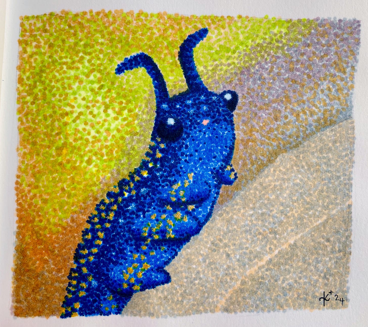 Hand-drawn pointillist marker cartoon of a blue and gold velvet worm with many legs ascending a branch. The worm looks like he is having a really great day.