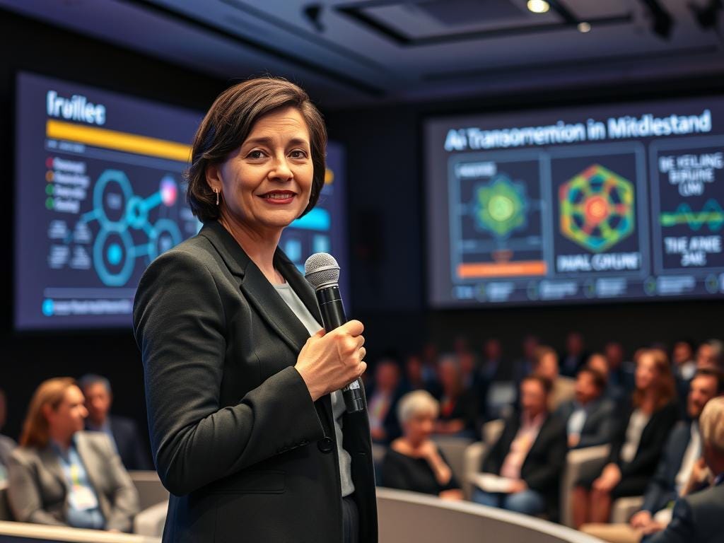 A woman in a black suit is speaking at a conference, holding a microphone, with a crowd in the background