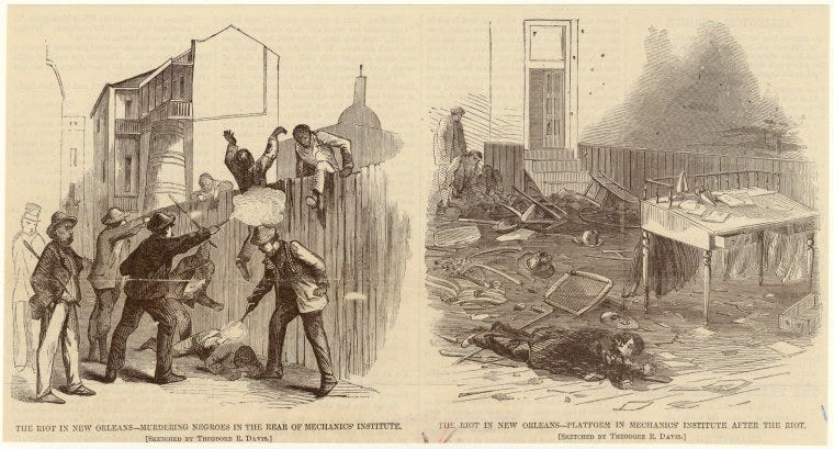 Two sketches of scenes of violence that transpired during the riot in New Orleans.