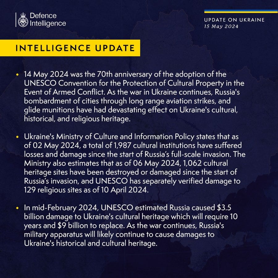 14 May 2024 was the 70th anniversary of the adoption of the UNESCO Convention for the Protection of Cultural Property in the Event of Armed Conflict. As the war in Ukraine continues, Russia's bombardment of cities through long range aviation strikes, and glide munitions have had devastating effect on Ukraine's cultural, historical, and religious heritage. 

Ukraine's Ministry of Culture and Information Policy states that as of 02 May 2024, a total of 1,987 cultural institutions have suffered losses and damage since the start of Russia’s full-scale invasion. The Ministry also estimates that as of 06 May 2024, 1,062 cultural heritage sites have been destroyed or damaged since the start of Russia’s invasion, and UNESCO has separately verified damage to 129 religious sites as of 10 April 2024.

In mid-February 2024, UNESCO estimated Russia caused $3.5 billion damage to Ukraine's cultural heritage which will require 10 years and $9 billion to replace.