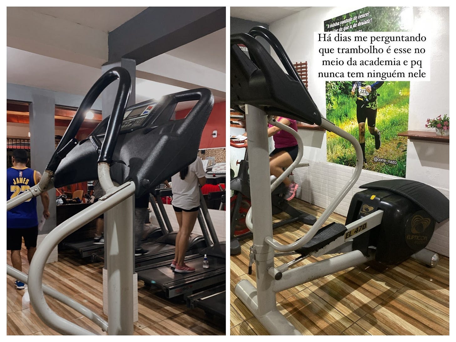Colagem de duas fotos, a partir de dois ângulos de um aparelho de academia. Ele parece um step, mas é maior.