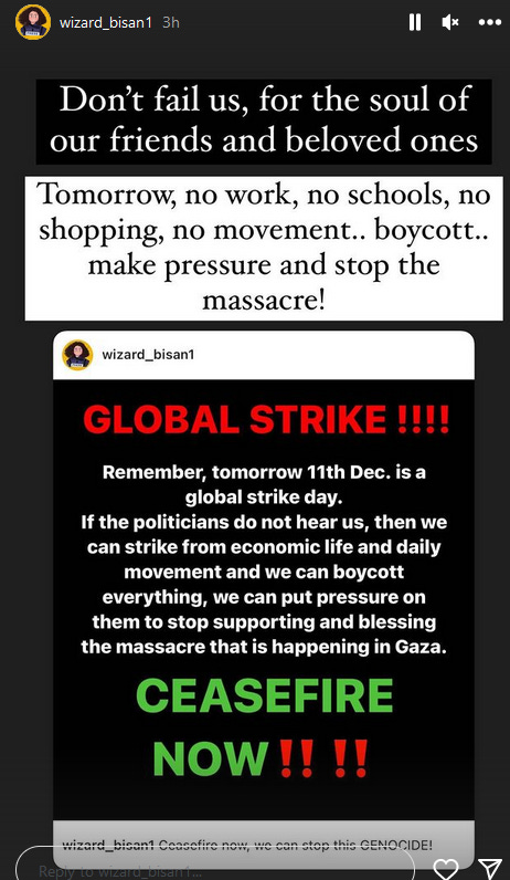 Screen capture of Bisan Motaz's IG story (@wizard_bisan1) from 2023-12-10. At the top is the text "Don't fail us, for the soul of our friends and beloved ones." Underneath that it says "Tomorrow, no work, no schools, no shopping, no movement.. boycott.. make pressure and stop the massacre!" Underneath that is the original IG post. It reads in red letters, all caps: "GLOBAL STRIKE!!!!" Underneath that in white lettering is "Remember, tomorrow 11 Dec. is a global strike day. If the politicians do not hear us, then we can strike from economic life and daily movement and we can boycott everything, we can put pressure on them to stop supporting and blessing the massacre that is happening in Gaza." Underneath that text, in all caps it reads "CEASEFIRE NOW!! !!" in green letters with red exclamation points. At the very bottom is the caption "Ceasefire now, we can stop this GENOCIDE!"