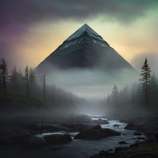 Illustration of a massive dark pyramid surrounded by fog and trees in the Alaskan forest.