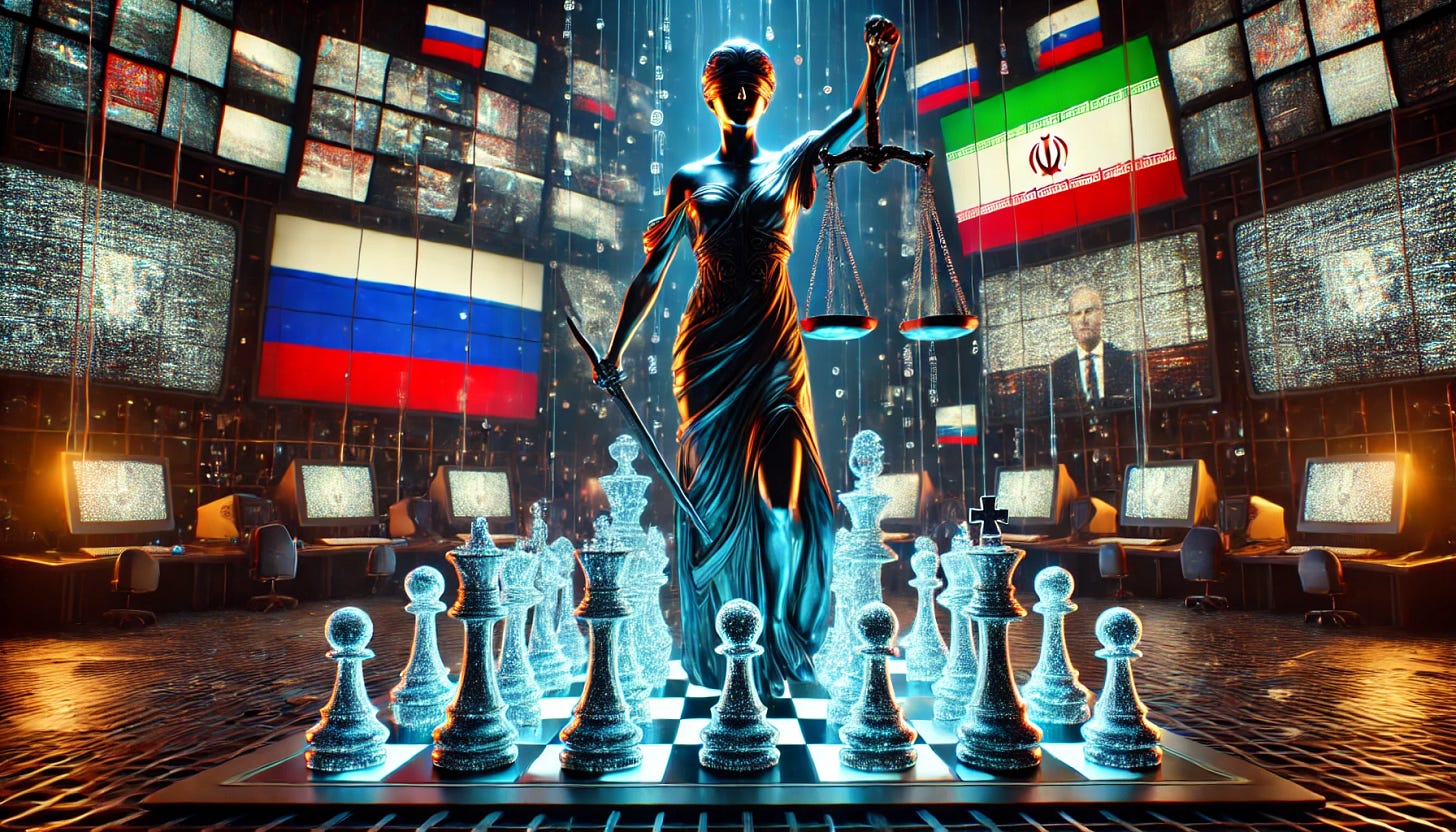 A dramatic representation of state-sponsored disinformation: a digital chessboard with glowing, ominous AI-generated pawns and pieces, each bearing flags of Russia and Iran. In the background, a symbolic figure of Lady Justice, holding scales that are visibly cracked, stands in a dimly lit room filled with flickering screens showing distorted deepfake videos and election-related content. The scene is photorealistic, cinematic, and high resolution, emphasizing the tension and gravity of the issue.