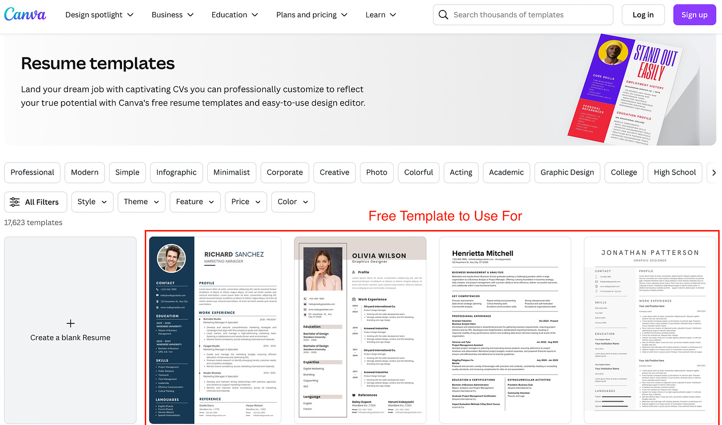 Canva Resume Templates Page