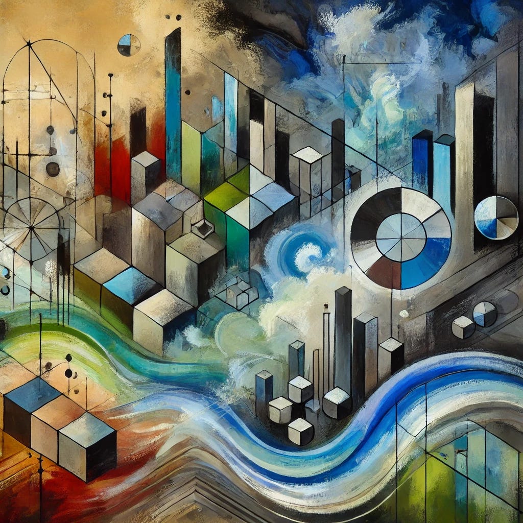 An abstract artistic representation of global economic dynamics, focusing on contrasts between investment-driven and consumption-driven economies. The composition features two interconnected yet distinct areas: one dominated by cool, structured tones representing stability and low growth, and the other with vibrant, dynamic shapes symbolizing innovation and consumption. The background incorporates harmonious shades of green, blue, brown, and black, grounding the piece in a natural, contemplative atmosphere. Lively brushstrokes and simple geometric shapes capture the interplay between capital flows, market optimism, and economic shifts. The artwork evokes both balance and tension, reflecting the complexities of modern financial systems.