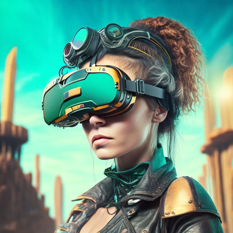 Photo portrait solarpunk woman on the isolated blurred background cyborg character wearing virtual reality goggles