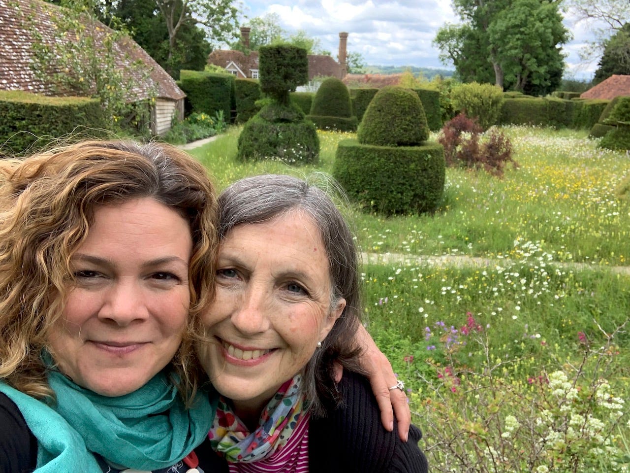 Marcella Hawley and Sharyn Sowell near the Topiary Lawn at Great Dixter. Photo by Marcella Hawley