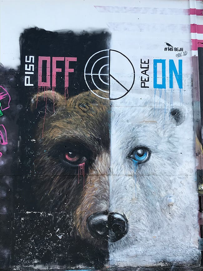 Street mural of a bear's face - half brown and half white. Words above brown bear: piss off, above white bear: peace on