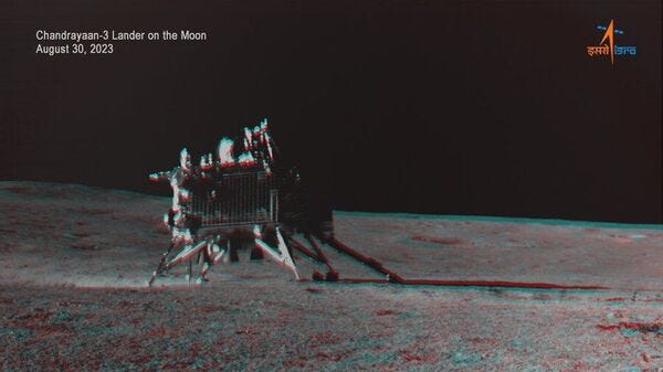 A 3-dimensional ‘anaglyph’ image of the Chandrayaan-3 Vikram lander from the south pole of the Moon. PC-X/@isro