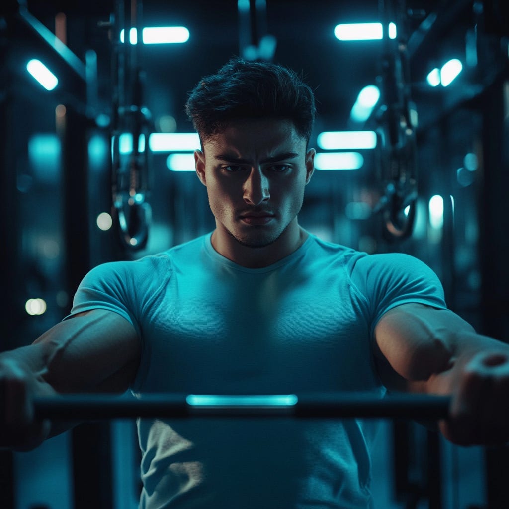 Muscular young man wearing a light blue shirt performing machine chest press in a superset in a dark gym